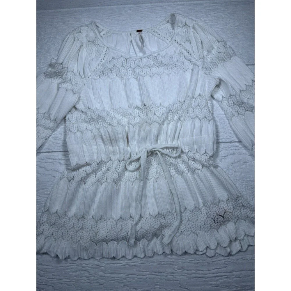 Free People Fire Island Top S White Crochet Boho Peasant Festival Blouse
